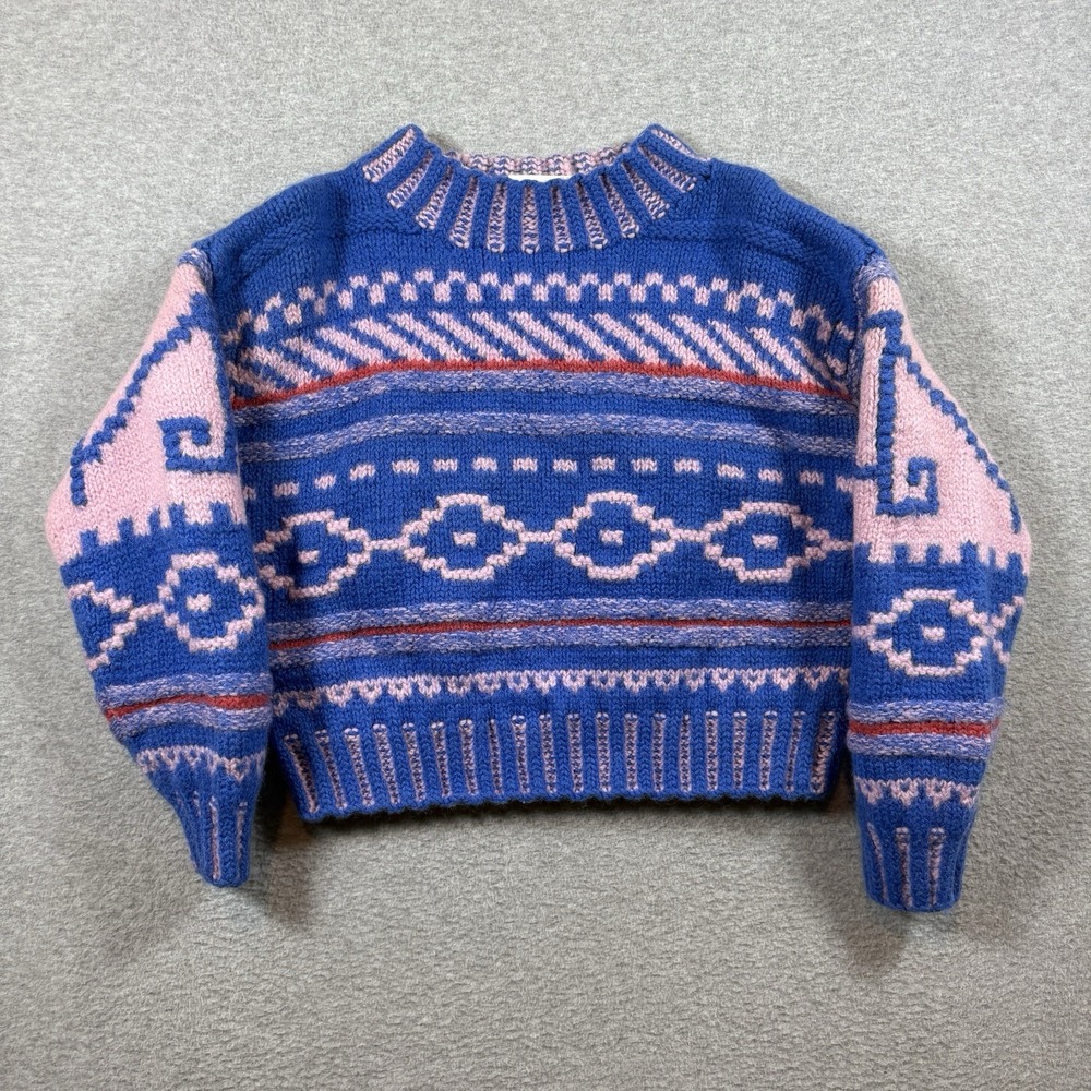 Vintage 80s Sample Wool Chunky Knit Sweater Cropped M Fair Isle Nordic Pink Blue